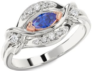 Diamond Blue Sapphire Silver & 10K Rose Gold Marquise Promise Ring