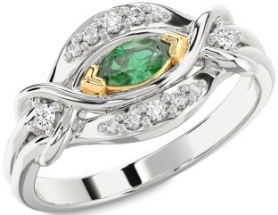Diamond Emerald Silver & 10K gold Marquise Promise Ring