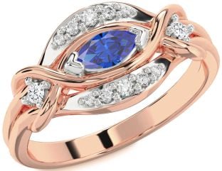 Diamond Blue Sapphire Platinum & Rose Gold Marquise Promise Ring
