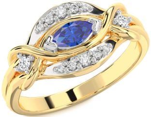 Diamond Blue Sapphire Platinum & Yellow Gold Marquise Promise Ring
