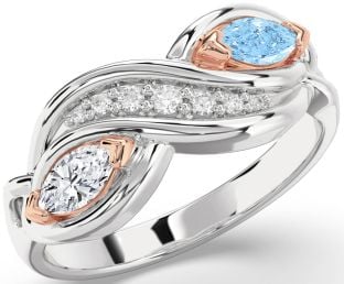 Diamond Silver & 10K Rose Gold Marquise Two Stone Promise Ring