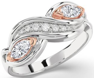 Diamond Silver & 10K Rose Gold Marquise Two Stone Ring