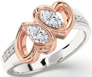 Diamond Silver & 10K Rose Gold Heart Marquise Two Stone Ring