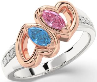 Diamond Silver & 10K Rose Gold Heart Two Stone Promise Ring