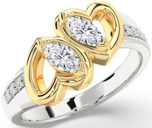 Diamond Silver & 10K gold Heart Marquise Two Stone Ring