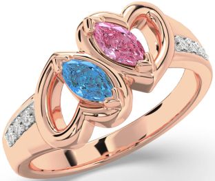 Diamond Rose Gold Silver Heart Two Stone Promise Ring