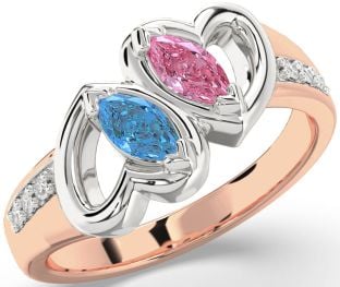 Diamond Rose Gold Silver Heart Two Stone Promise Ring