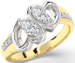 Diamond White Yellow Gold Heart Marquise Two Stone Ring