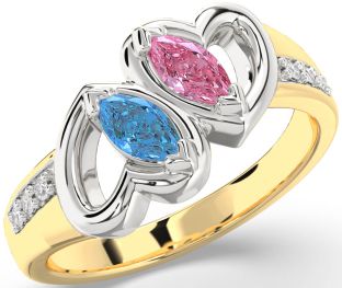 Diamond White Yellow Gold Heart Two Stone Promise Ring