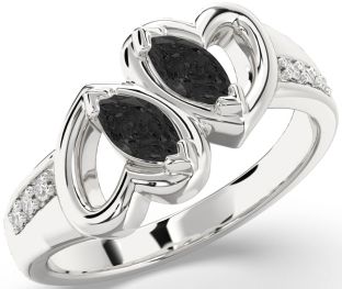 Black Diamond Silver Heart Two Stone Ring