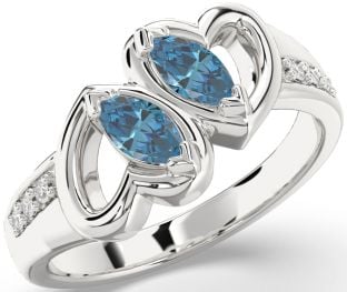 Blue Diamond Silver Heart Two Stone Ring
