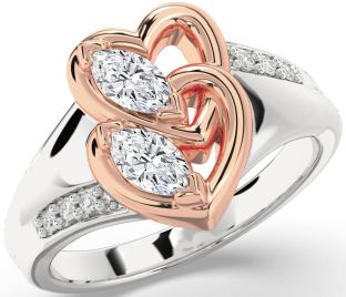 Diamond Silver & 10K Rose Gold Heart Marquise Two Stone Ring