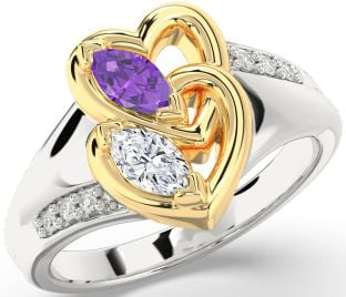 Diamond Silver & 10K gold Heart Two Stone Promise Ring