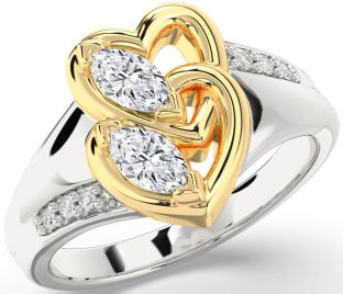 Diamond Silver & 10K gold Heart Marquise Two Stone Ring