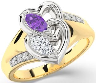 Diamond White Yellow Gold Heart Two Stone Promise Ring
