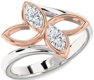 Diamond Silver & 10K Rose Gold Butterfly Marquise Two Stone Ring