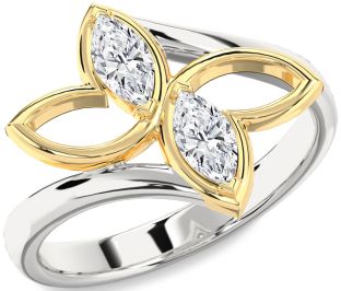 Diamond Silver & 10K gold Butterfly Marquise Two Stone Ring