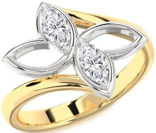 Diamond White Yellow Gold Butterfly Marquise Two Stone Ring