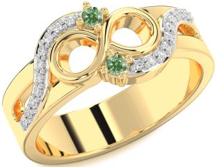 Green Diamond Gold Silver Infinity Round Two Stone Ring