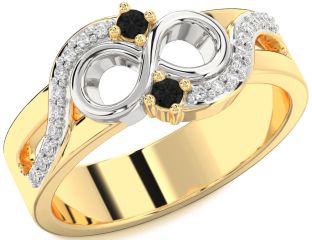 Black Diamond Gold Silver Infinity Round Two Stone Ring