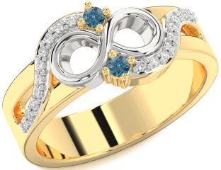 Blue Diamond Gold Silver Infinity Round Two Stone Ring