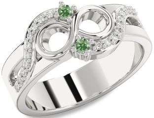Green Diamond Silver Infinity Round Two Stone Ring
