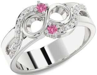 Diamond Pink Sapphire Silver Infinity Round Two Stone Ring