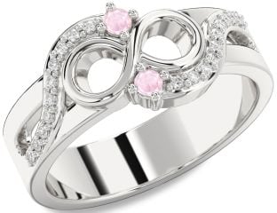Diamond Rose Quartz Silver Infinity Round Two Stone Ring