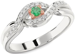 Diamond Emerald Silver & 10K Rose Gold Knot Round Promise Ring