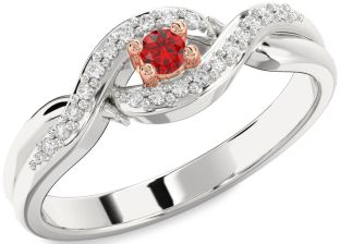 Diamond Ruby Silver & 10K Rose Gold Knot Round Promise Ring
