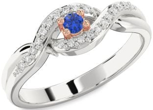 Diamond Blue Sapphire Silver & 10K Rose Gold Knot Round Pave Promise Ring