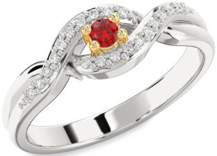 Diamond Ruby Silver & 10K gold Knot Round Promise Ring