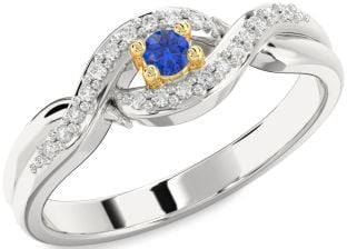 Diamond Blue Sapphire Silver & 10K gold Knot Round Pave Promise Ring