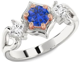 Diamond Blue Sapphire White Rose Gold Round Three Stone Engagement Ring