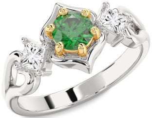 Diamond Emerald Silver & 10K gold Round Solitaire Engagement Ring
