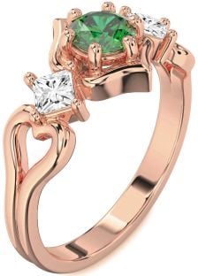 Diamond Emerald Rose Gold Round Three Stone Engagement Ring