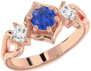 Diamond Blue Sapphire Rose Gold Silver Round Three Stone Engagement Ring