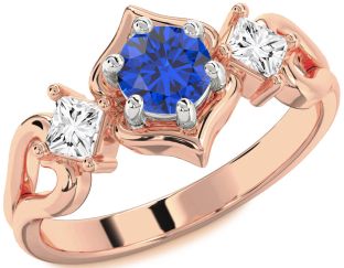 Diamond Blue Sapphire Rose Gold Silver Round Three Stone Engagement Ring
