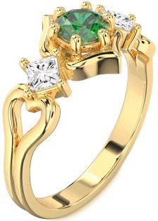 Diamond Emerald Gold Round Three Stone Engagement Ring