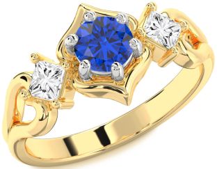 Diamond Blue Sapphire Gold Silver Round Three Stone Engagement Ring