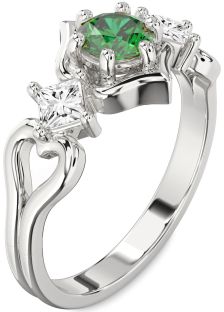 Diamond Emerald White Gold Round Three Stone Engagement Ring