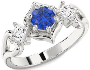 Diamond Blue Sapphire Platinum Round Three Stone Engagement Ring