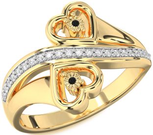 Black Diamond Gold Silver Heart Two Stone Ring