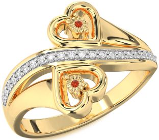 Diamond Fire Opal Gold Silver Heart Two Stone Ring