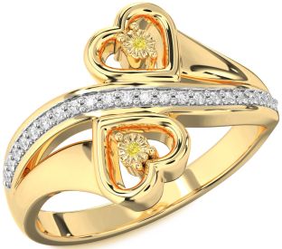 Yellow Diamond Gold Silver Heart Two Stone Ring