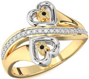 Black Diamond Gold Silver Heart Two Stone Ring