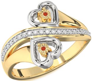 Diamond Fire Opal Gold Silver Heart Two Stone Ring