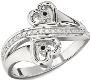 Black Diamond Silver Heart Two Stone Ring
