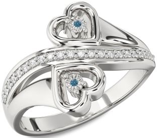 Blue Diamond Silver Heart Two Stone Ring