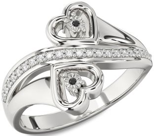 Diamond Black Onyx Silver Heart Two Stone Ring
